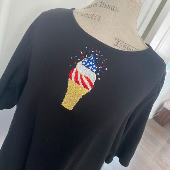 Quacker Factory T-Shirt Women's XL Black Ice Cream Cotton Embellished Embroidery - Picture 7 of 16
